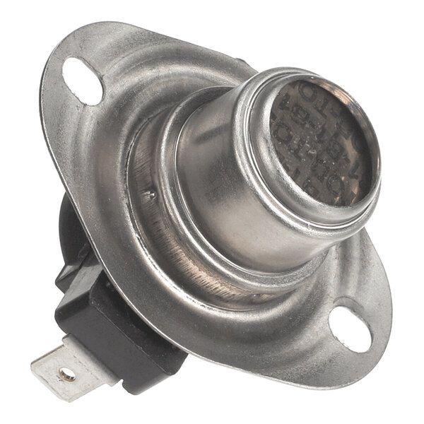 A metallic component with a cylindrical center, two mounting holes, and an electrical connector at the base.
