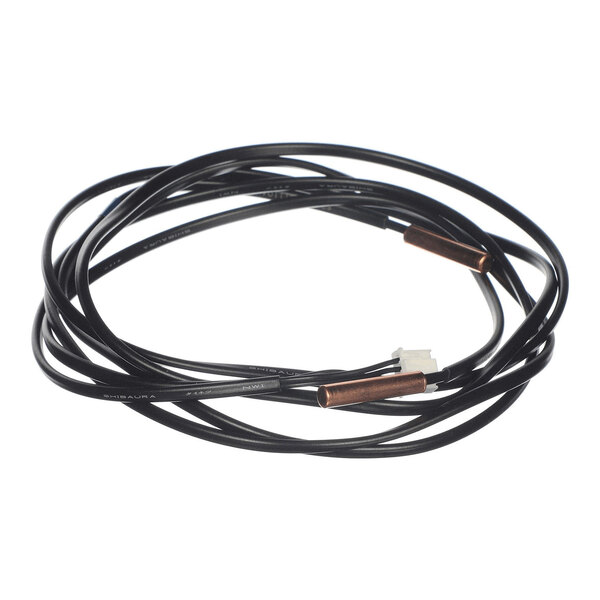 A coiled black cable with two cylindrical metal sensors and a white connector at the end.