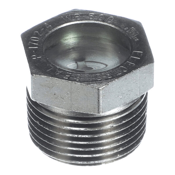 A metal hexagonal threaded plug with a glass window in the center, likely used as a sight glass for monitoring fluid levels.