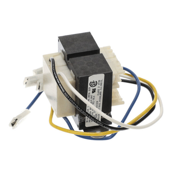 A small electrical transformer with black and white components, attached wires in blue, yellow, and white, and a label with technical specifications.