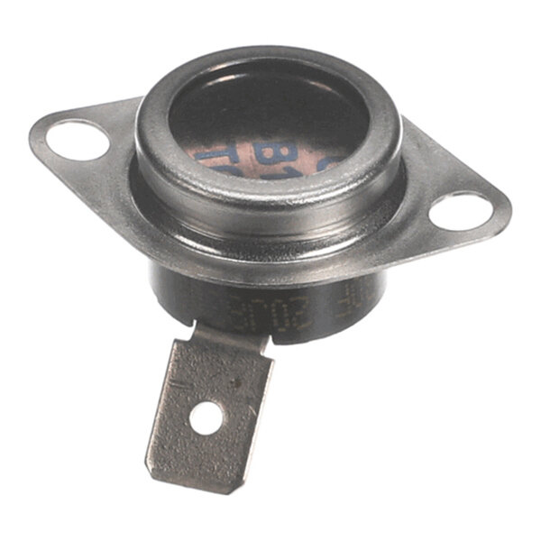 A metal component with a round top, two mounting holes, and a flat terminal tab, likely an electrical or thermal switch.