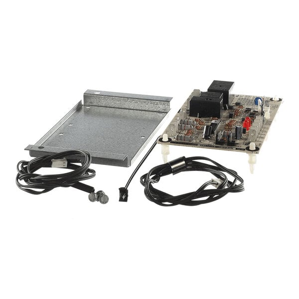 An electronic circuit board with various components, a metal mounting plate, two cables, screws, and a small black plastic piece arranged on a white background.
