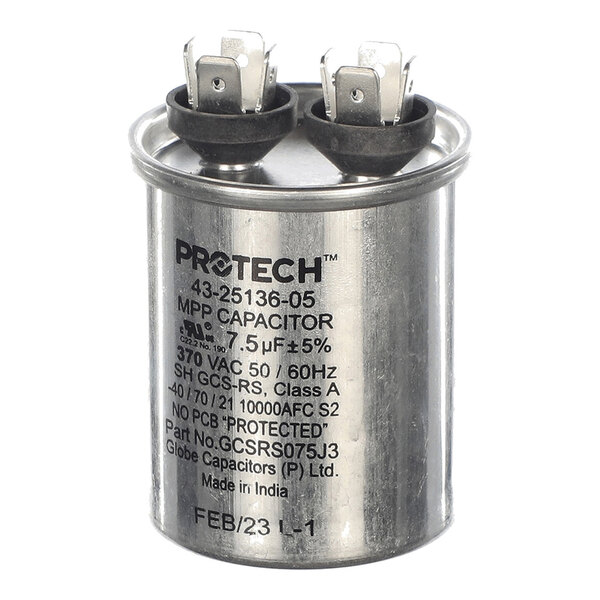 A cylindrical metal capacitor with two electrical terminals on top and printed technical specifications on the side.