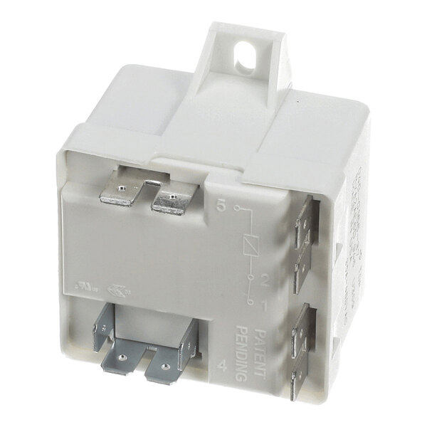 A white rectangular electrical relay with multiple metal prongs and a mounting tab on top.
