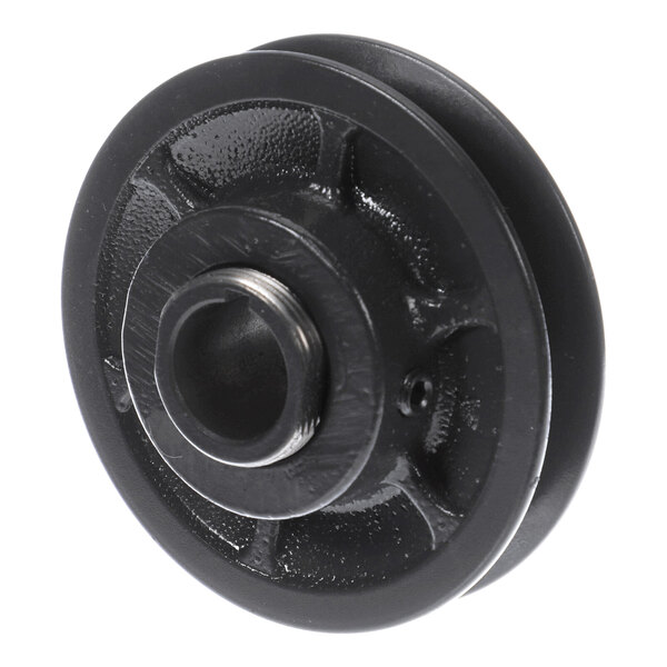 A black, round metal pulley with a central threaded hole and a grooved outer edge.