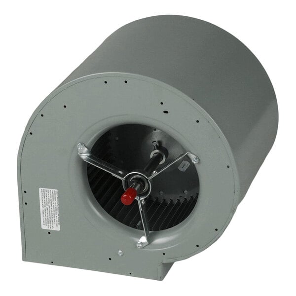 A metal cylindrical blower housing with a visible fan wheel and central mounting hub.