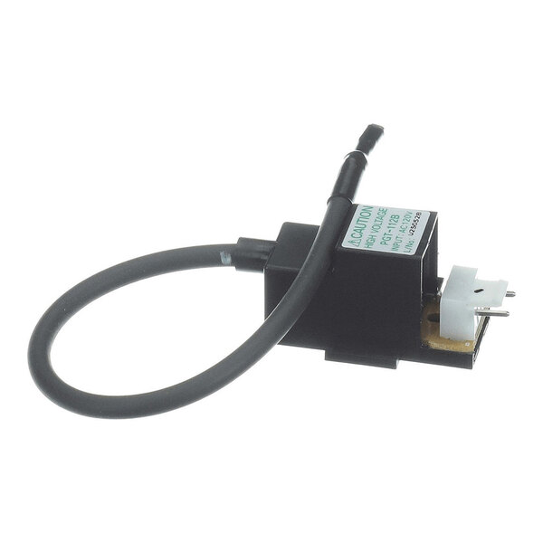 A small electronic component with a black rectangular body, a white connector, metal pins, and an attached black cable loop.
