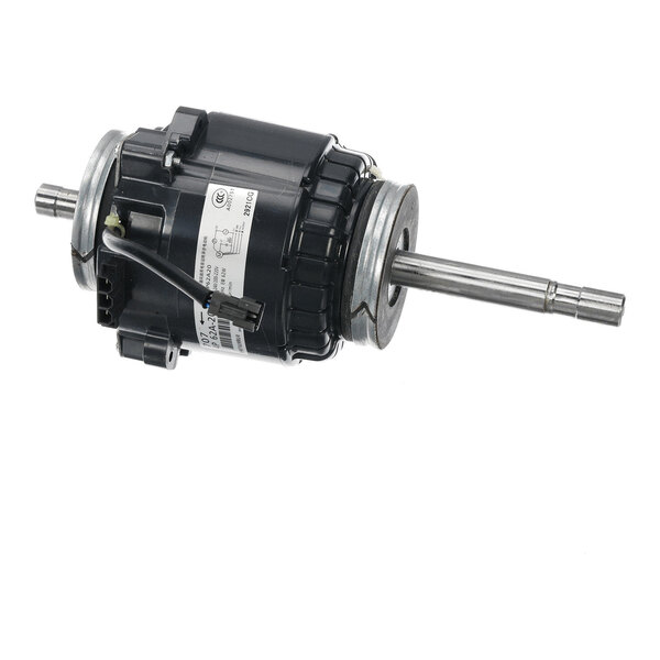 A cylindrical electric motor with a black housing, metal end plates, and two protruding metal shafts, featuring attached wires and a label.
