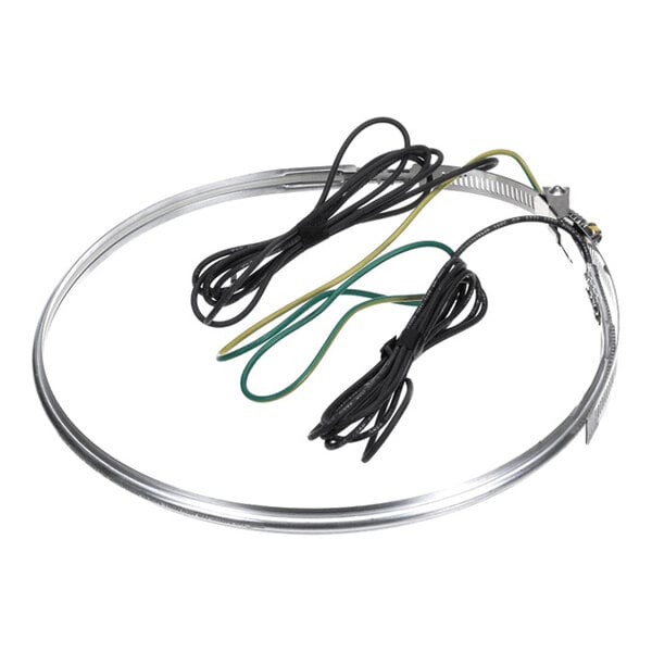 A circular metallic band with attached wires and a clamp, likely used for heating or securing purposes.