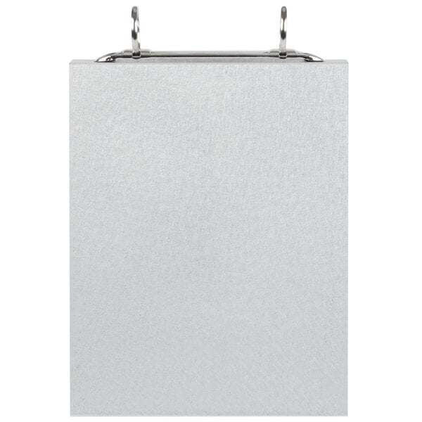 A Menu Solutions aluminum table tent with top rings holding a white paper with silver clips.