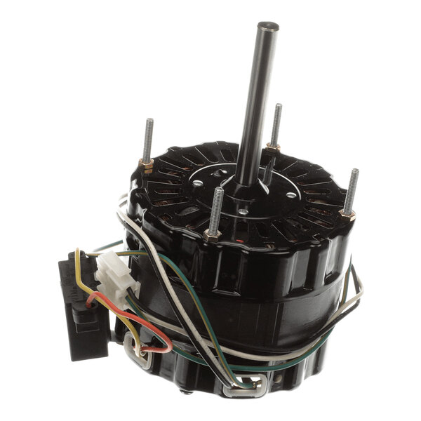 A black cylindrical electric motor with a central shaft, attached wires, and mounting bolts visible.