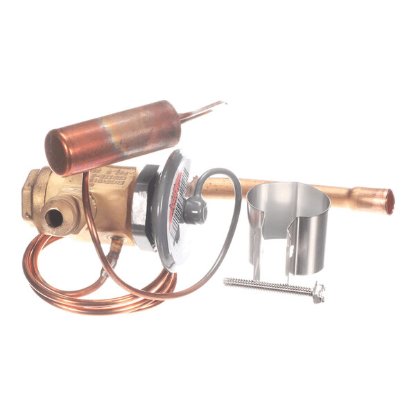 A brass and copper valve assembly with a coiled copper tube, a cylindrical component, a metal clamp, and a screw, all set against a white background.