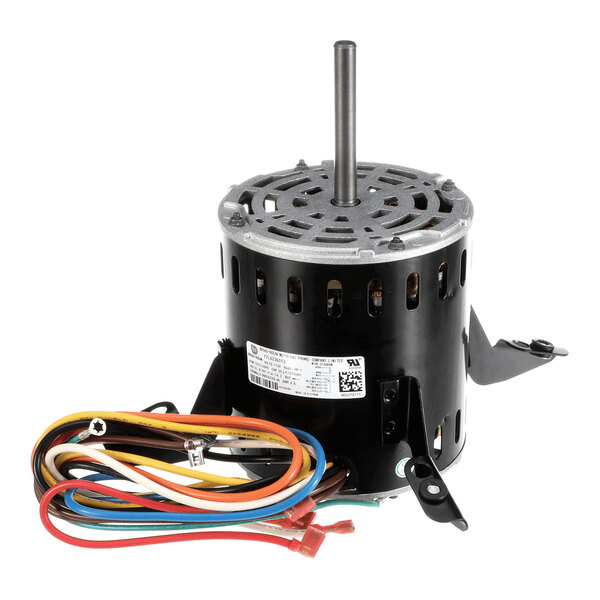 A cylindrical electric motor with a central shaft, multiple colored wires, and mounting brackets visible.