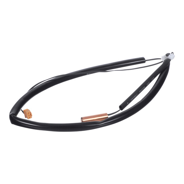 A black cable with a small copper cylindrical component and an orange connector at one end.
