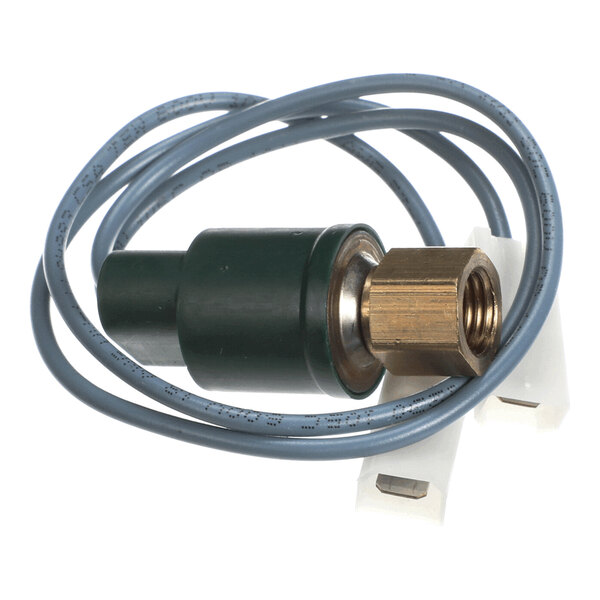 A small cylindrical component with a brass fitting, attached to two blue wires ending in white connectors.