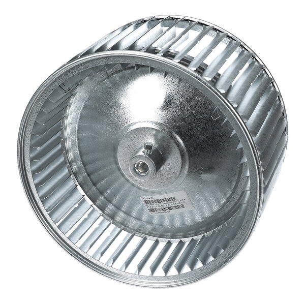 A metal cylindrical fan wheel with evenly spaced blades and a central hub.