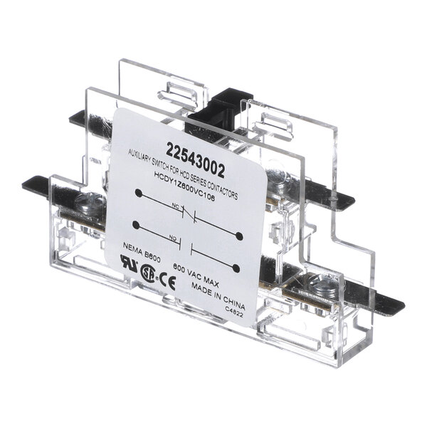 A transparent auxiliary switch component with a white label displaying technical specifications and wiring diagram.