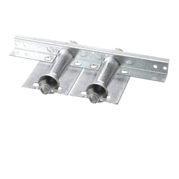 A metal component with two cylindrical tubes mounted on a flat base with multiple holes, likely part of a mechanical or HVAC system.