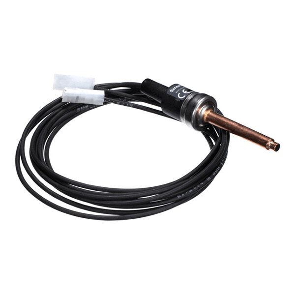 A coiled black cable with a cylindrical metal probe and two white connectors at one end.