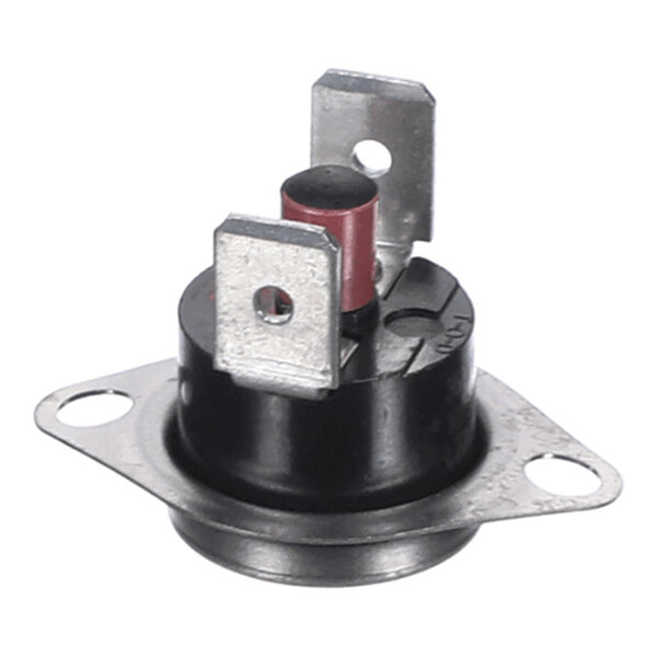 A small round electronic component with two metal terminals and a mounting flange, featuring a red button on top.