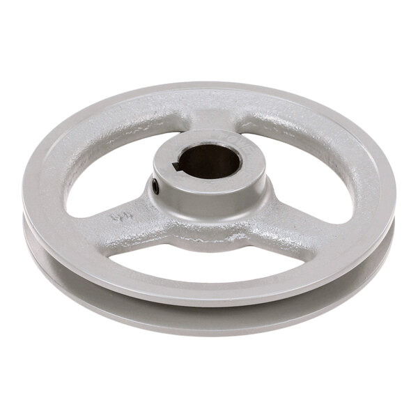 A metal wheel with a central hole and three spokes, featuring a single groove around its outer edge.