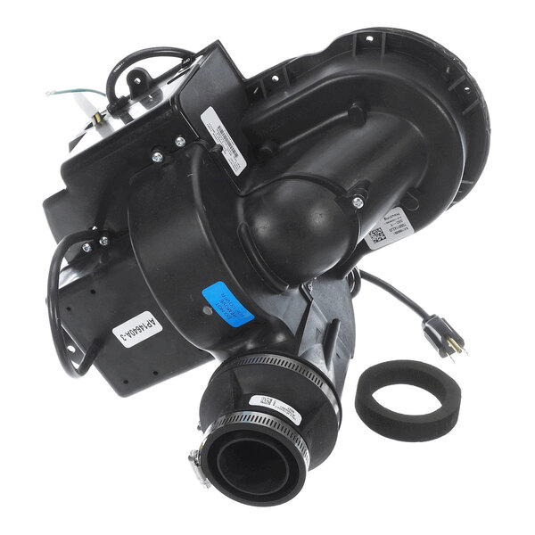A black mechanical blower assembly with attached wiring and a circular gasket, shown on a white background.