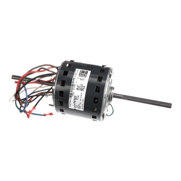 A cylindrical electric motor with multiple colored wires extending from one end and a long shaft protruding from both sides.