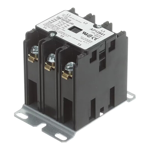 A black electrical contactor with three terminals and a metal mounting base, featuring a label with technical specifications on top.