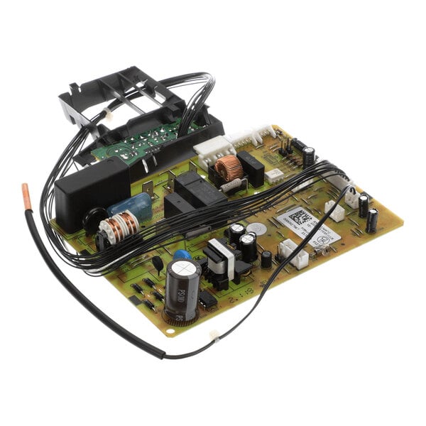 A printed circuit board assembly with various electronic components, capacitors, coils, and attached wires.