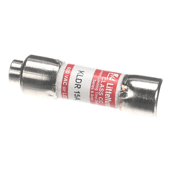 A cylindrical fuse with metallic end caps and a white and red label indicating specifications such as 15A and 600V.
