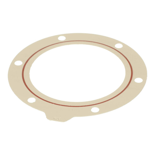 A flat, circular gasket with a series of evenly spaced holes around its perimeter and a red inner ring.