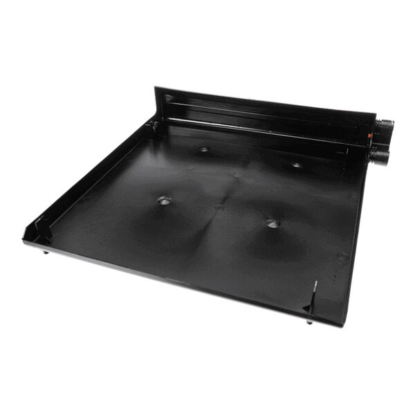 A black rectangular plastic tray with raised edges and a drain outlet on one side.