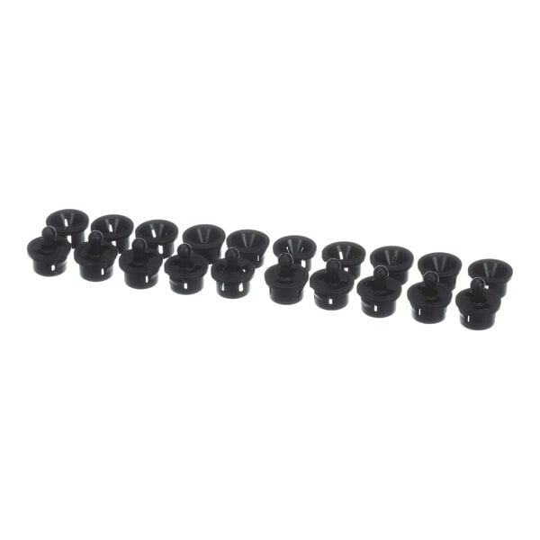 A row of identical black plastic or rubber clips, each with a round top and a flared base, arranged in a straight line on a white background.