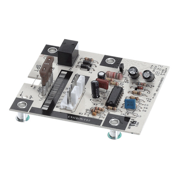 A rectangular electronic circuit board with various components including resistors, capacitors, an integrated circuit, connectors, and a relay, mounted on four standoffs.
