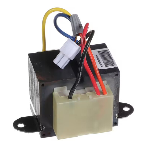 A rectangular electrical transformer with multiple colored wires and a plastic connector attached, mounted on a metal base with two mounting holes.