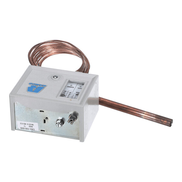 A rectangular device with a metal probe and coiled copper tubing attached, featuring a small display and adjustment knobs on its surface.