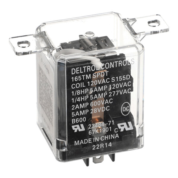 A clear plastic-cased electrical relay with visible internal components and printed technical specifications on the front.