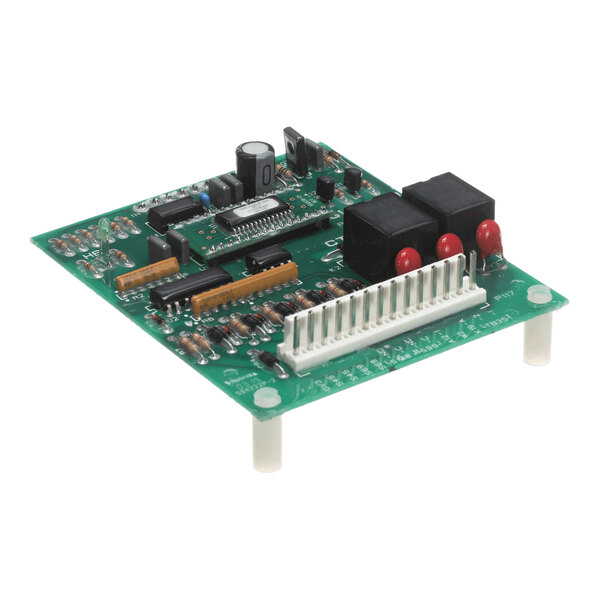 A green electronic circuit board with various components, including capacitors, resistors, integrated circuits, connectors, and three red LEDs, mounted on standoffs.