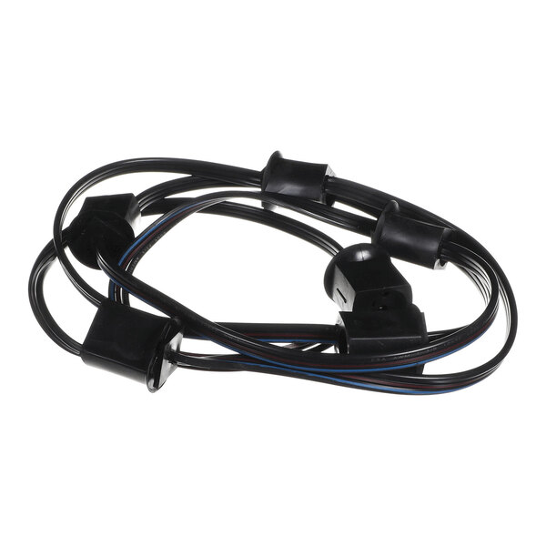 A black, round, grooved metal pulley with a central bore and a smooth, reflective surface.