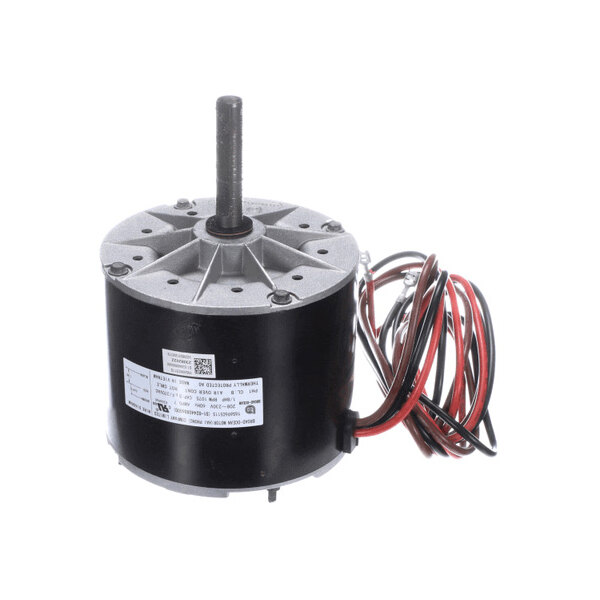 A cylindrical electric motor with a central shaft and several attached wires, shown against a white background.