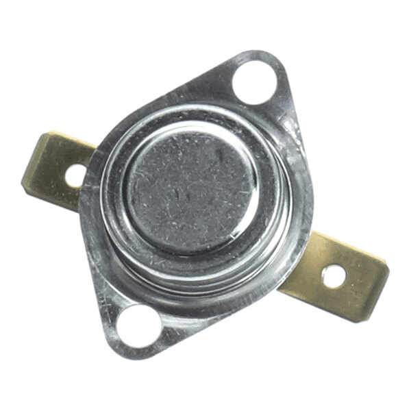 A metallic component with a round central body, two mounting holes, and two flat metal terminals extending from opposite sides.