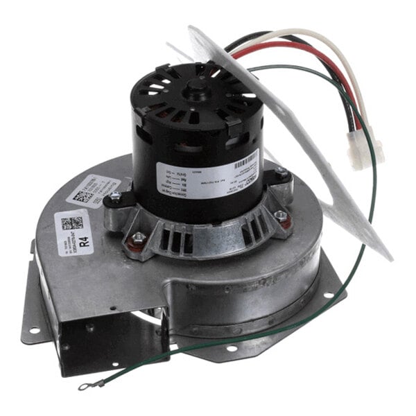 A metal blower assembly with an attached electric motor, wiring, and mounting bracket.