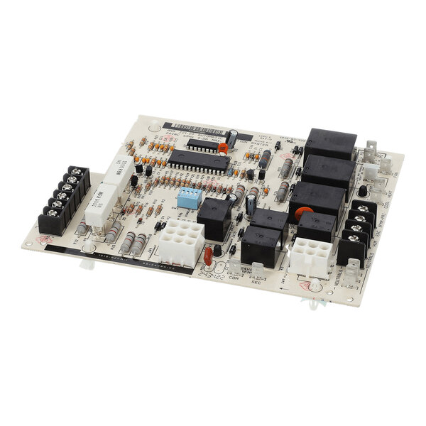 A rectangular electronic circuit board with various components including black relays, white connectors, resistors, capacitors, and terminal blocks.