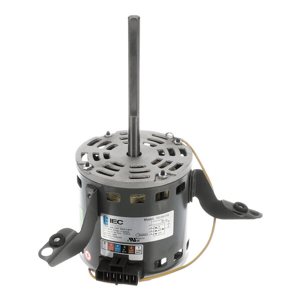 A cylindrical electric motor with a central shaft, mounting brackets, and a label displaying technical specifications.