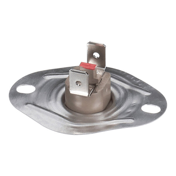 A small round black and silver electronic component with two metal terminals and a label on top displaying technical information.