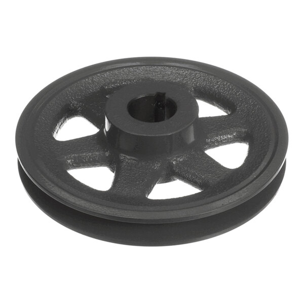 A black metal pulley wheel with a central hub and six spokes, featuring a grooved outer edge.