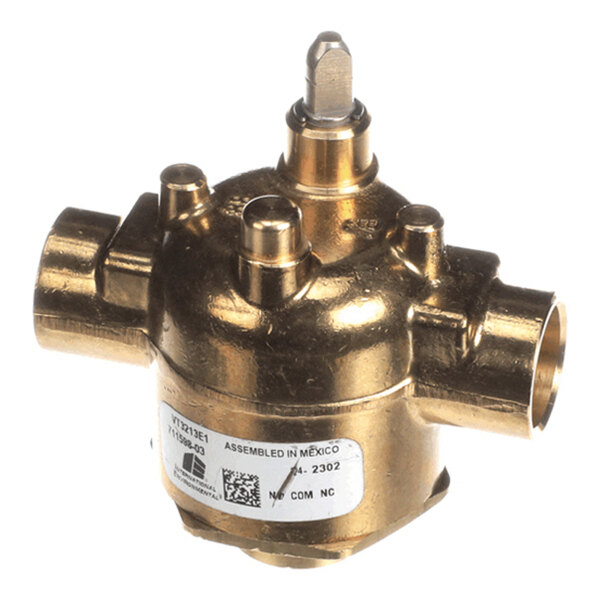 A brass-colored, cylindrical valve component with multiple ports and a central stem, featuring a label with text and a QR code.