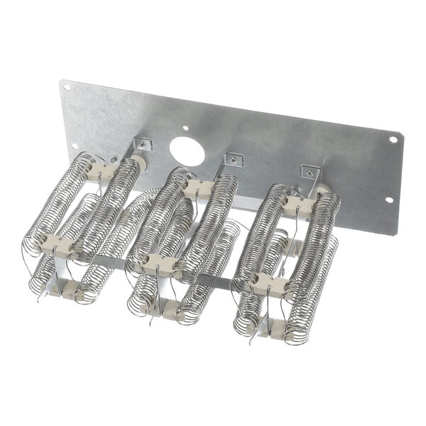 A metal mounting plate with multiple coiled wire heating elements attached.