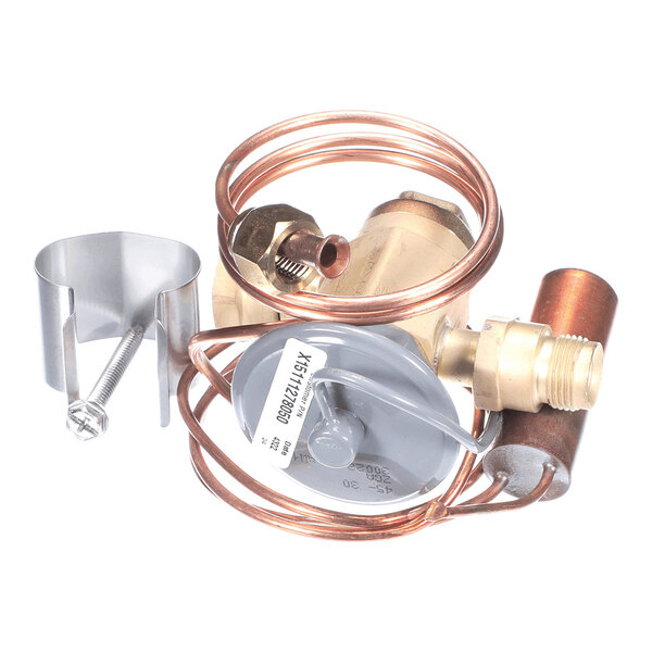 A brass thermostatic expansion valve with attached copper tubing, a gray adjustment knob, and a metal mounting bracket with a screw.