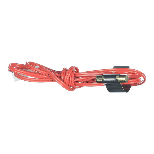 A coiled red wire with a cylindrical metal sensor attached and a black mounting clip.